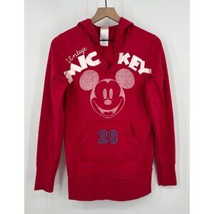 Disney Vintage Mickey Hooded Sweatshirt Women Large Red Long Sleeve V Neck